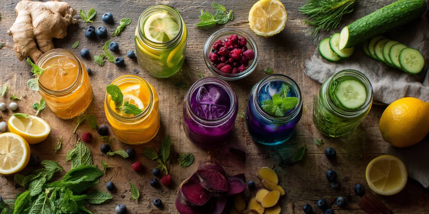 Top view of colorful natural detox drinks with fresh fruits and herbs on a wooden table.