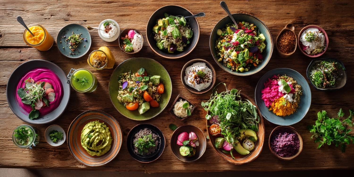 Flat lay of 21 vibrant clean eating meals and detox recipes on a rustic table with fresh ingredients.
