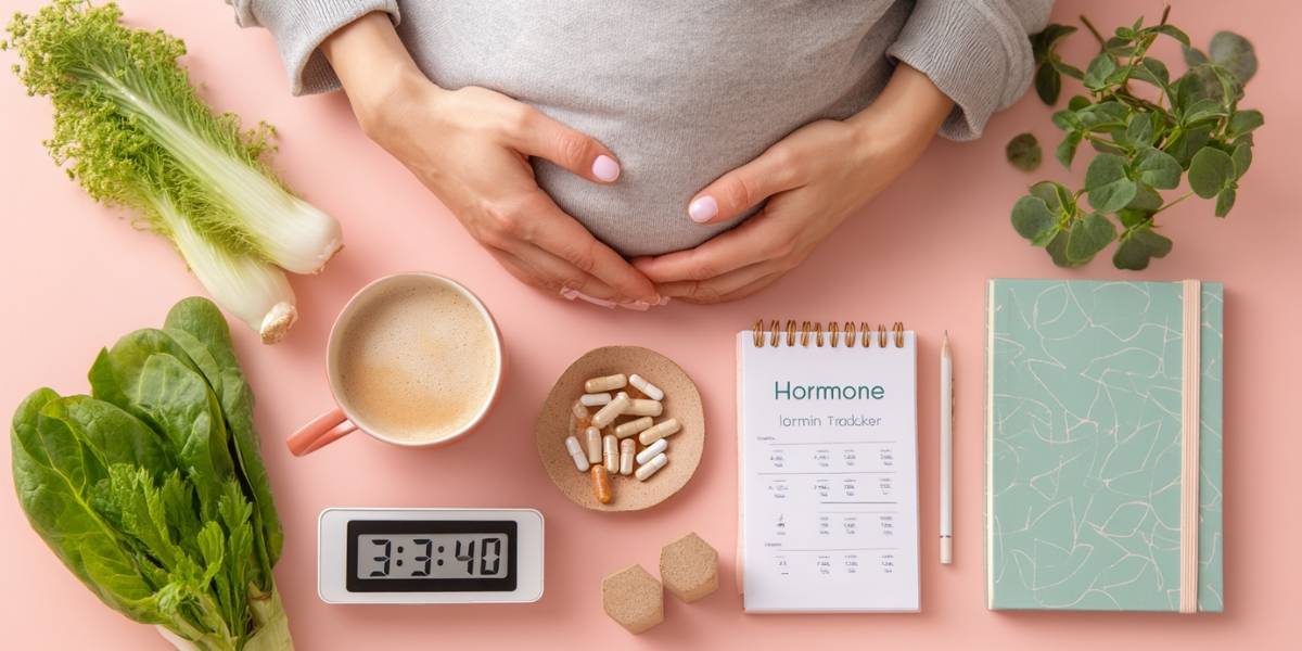 Woman tracking hormonal imbalance symptoms with natural remedies and hormone journal.