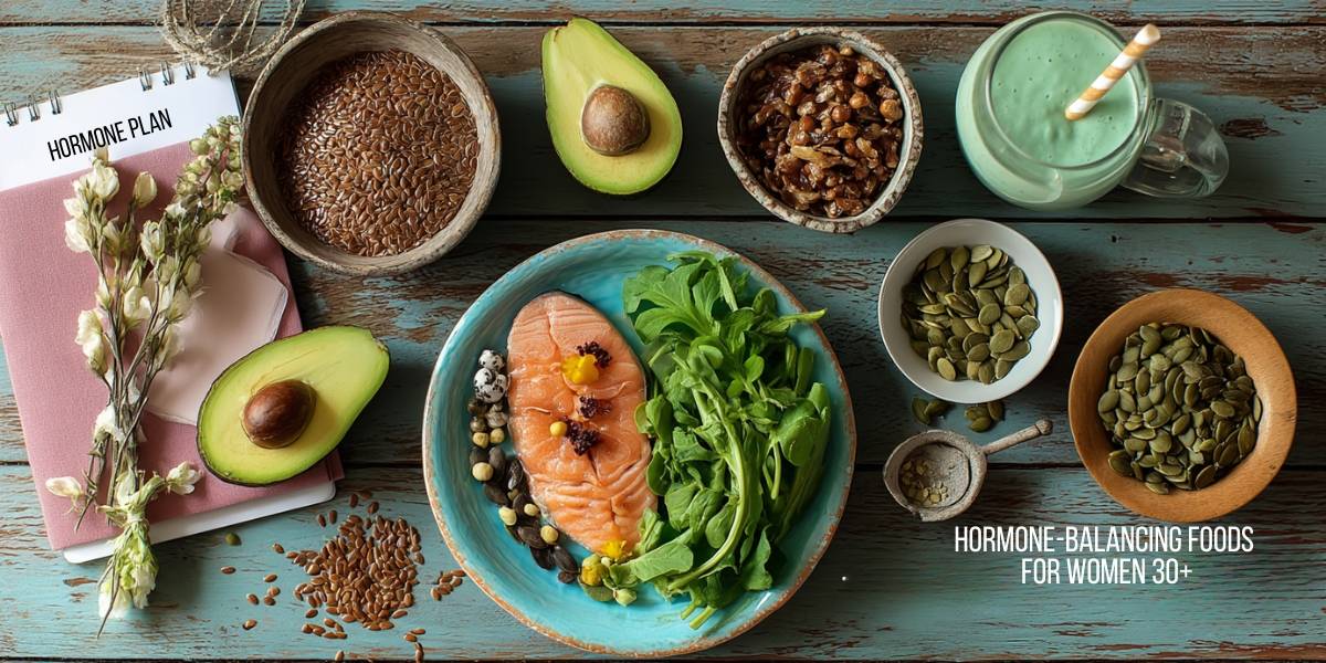 Top hormone-balancing foods for women over 30 including avocado, salmon, and greens.