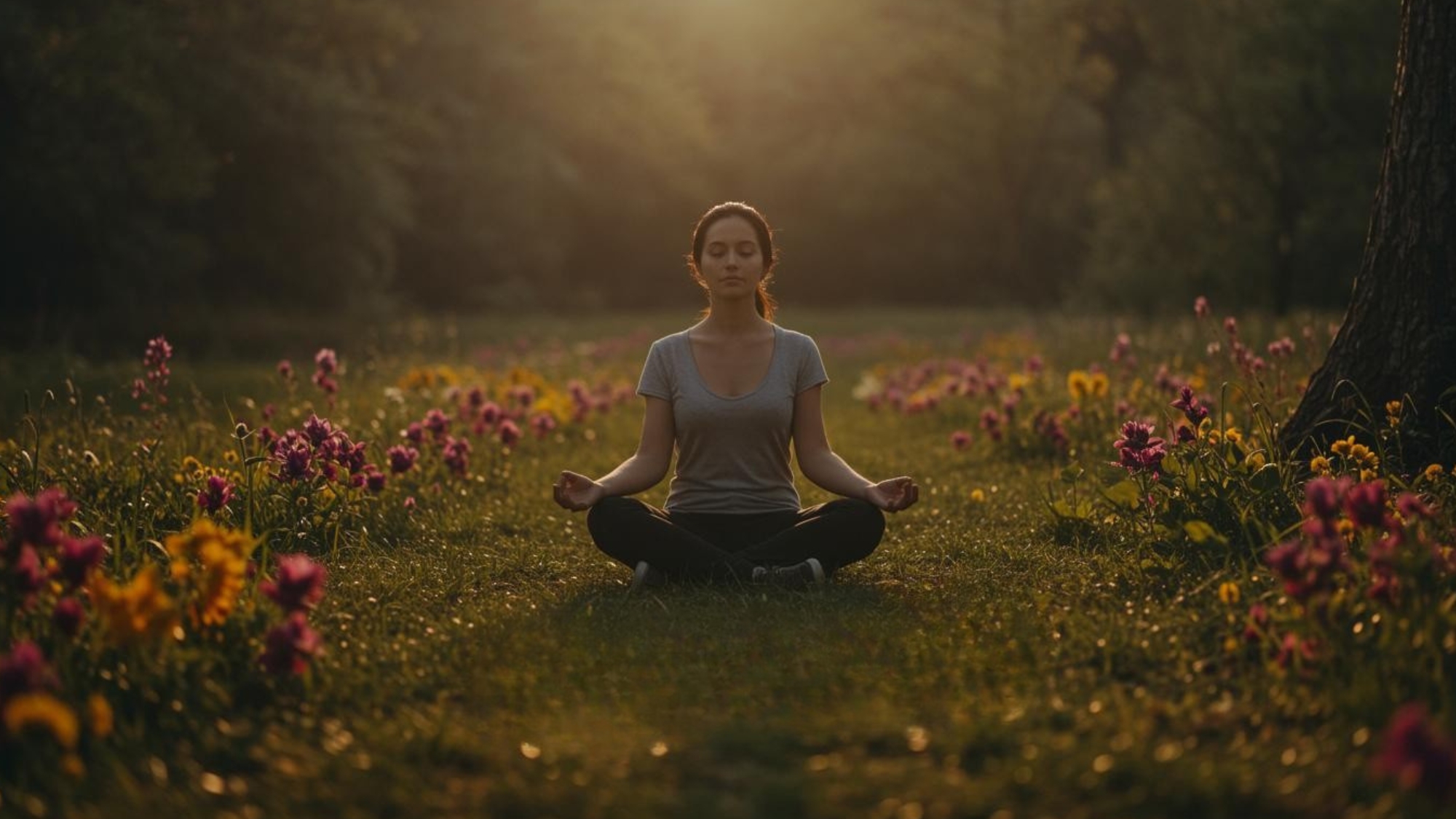 Woman meditating in a sunlit meadow surrounded by wildflowers