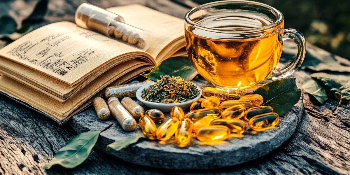 Natural brain supplements and herbs arranged on a wooden table to enhance mental sharpness and vitality.