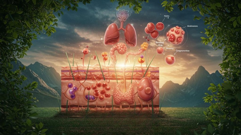 3D infographic of the endocrine system and skin layers in a natural setting