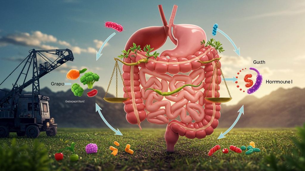 Illustrated digestive system showing gut microbiome, balanced nutrition, and hormone interaction