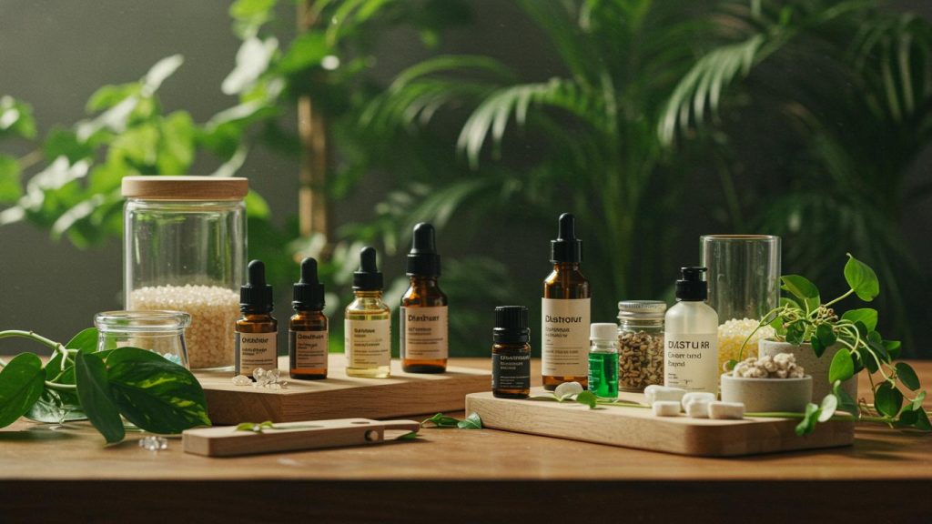 Collection of natural wellness oils, herbal extracts, and eco skincare products on a wooden table