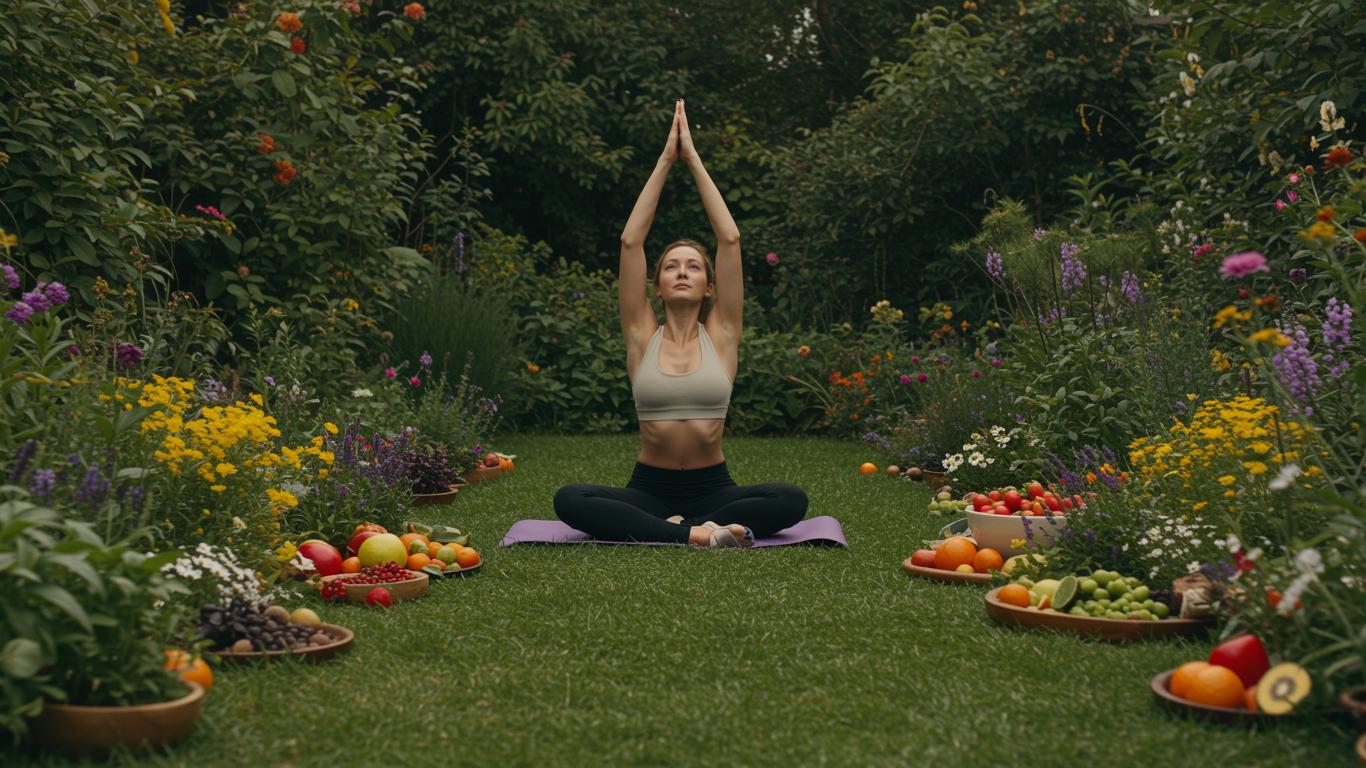 Woman practicing yoga in a garden surrounded by colorful fruits, vegetables, and flowers