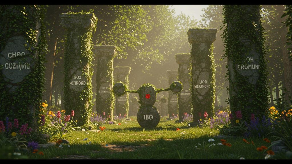 Ivy-covered stone pillars with cryptic writing in a lush forest clearing