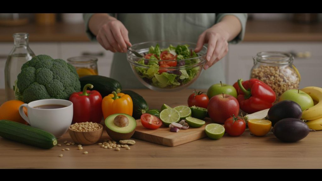 Hands preparing a fresh vegetable salad surrounded by fruits, vegetables, and plant-based ingredients