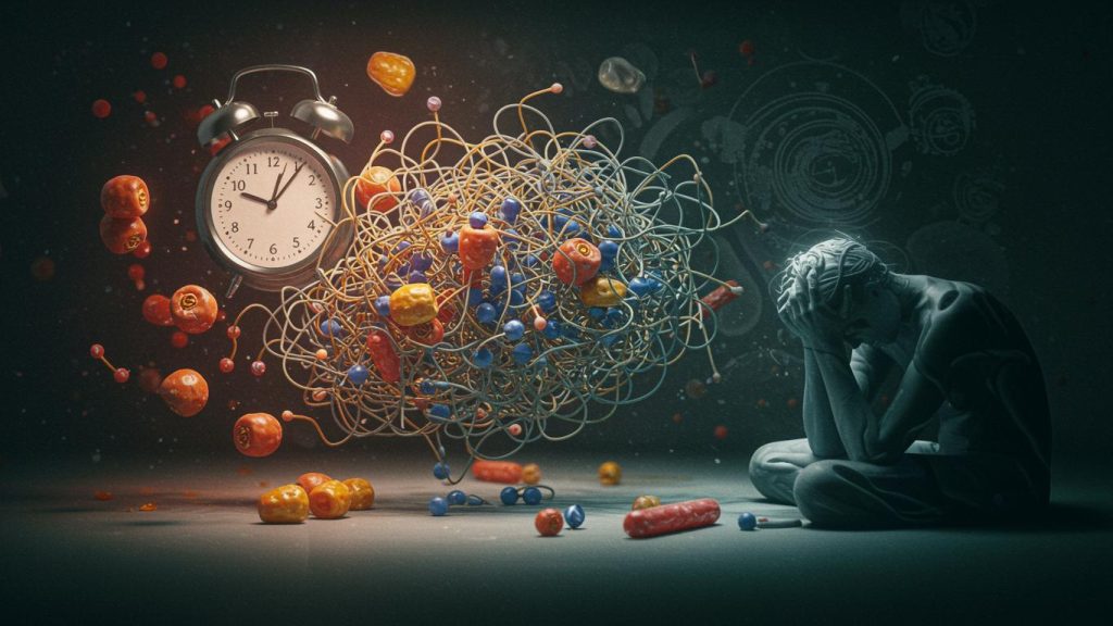 Artistic depiction of mental health struggle with a clock, chaotic molecular structure, and distressed figure