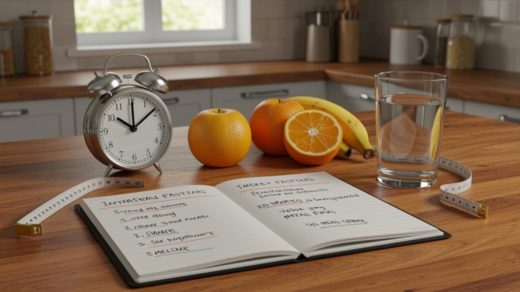 Intermittent fasting setup with clock, fruit, water, and open notebook on kitchen counter