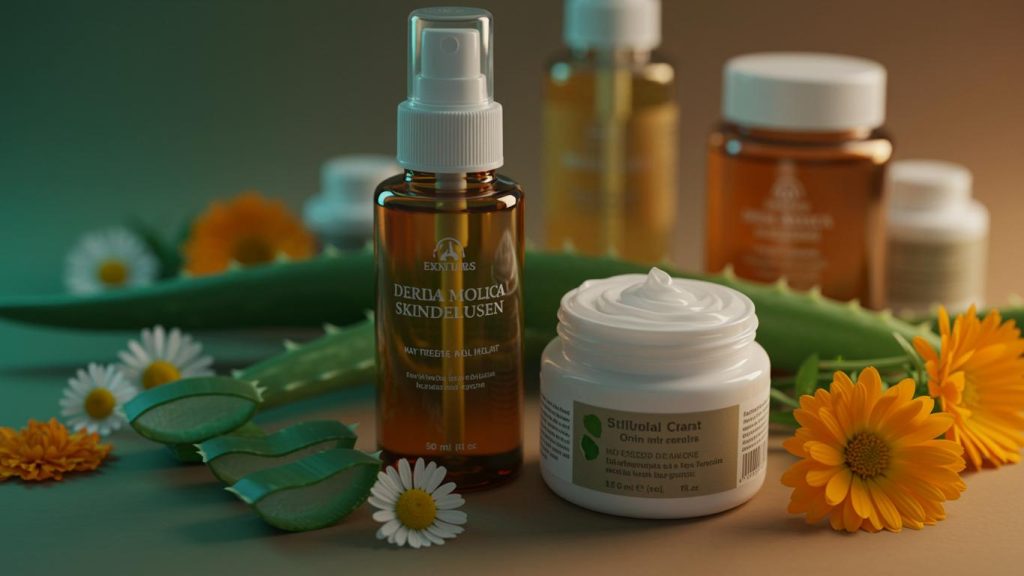 Natural skincare products with aloe vera, calendula, and chamomile ingredients