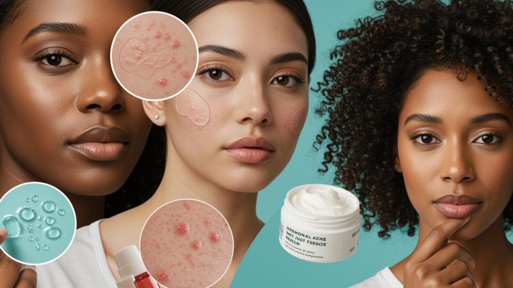 Diverse women with acne patches and skincare product for hormonal acne treatment