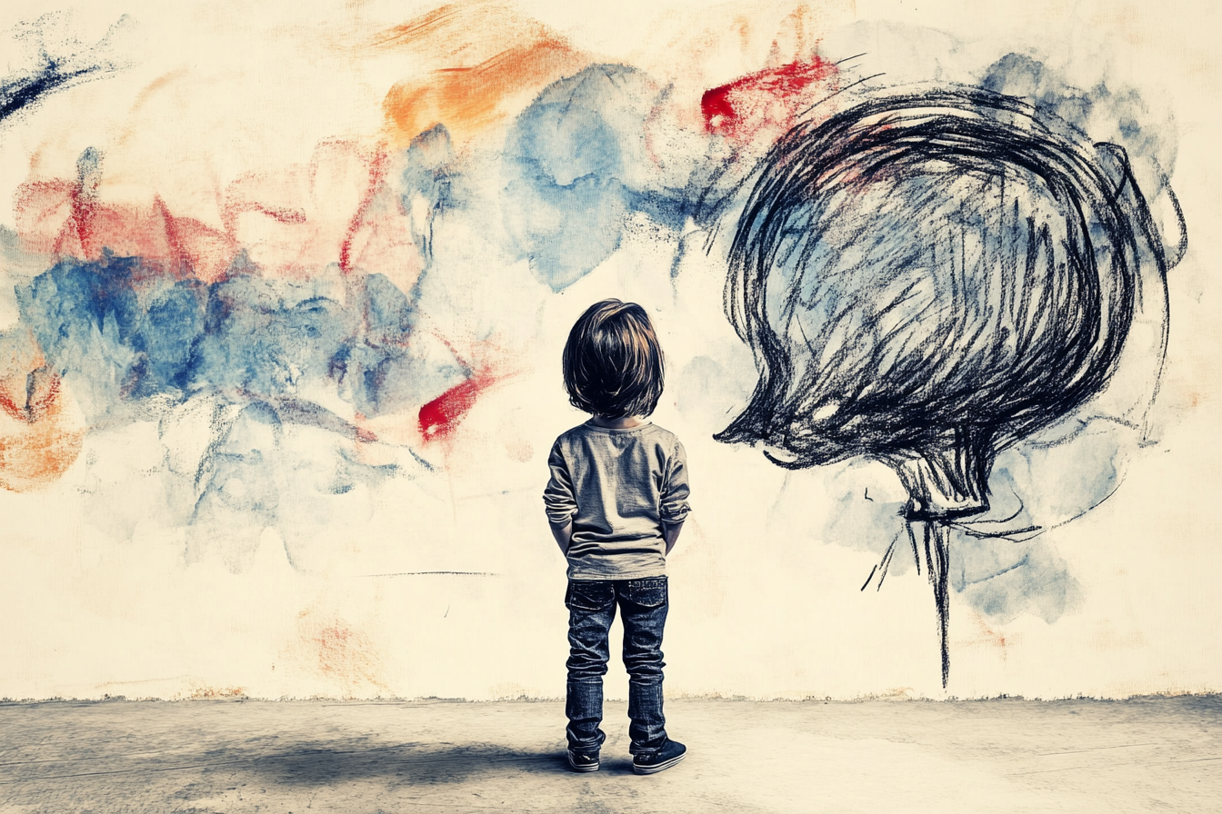 Young child standing alone and looking at abstract emotional artwork on a large wall