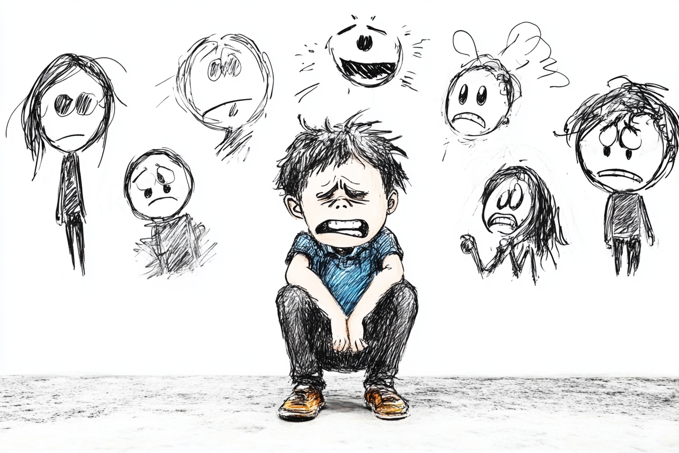 Sad cartoon boy sitting with scribbled emotional faces representing anxiety, sadness, and confusion around him