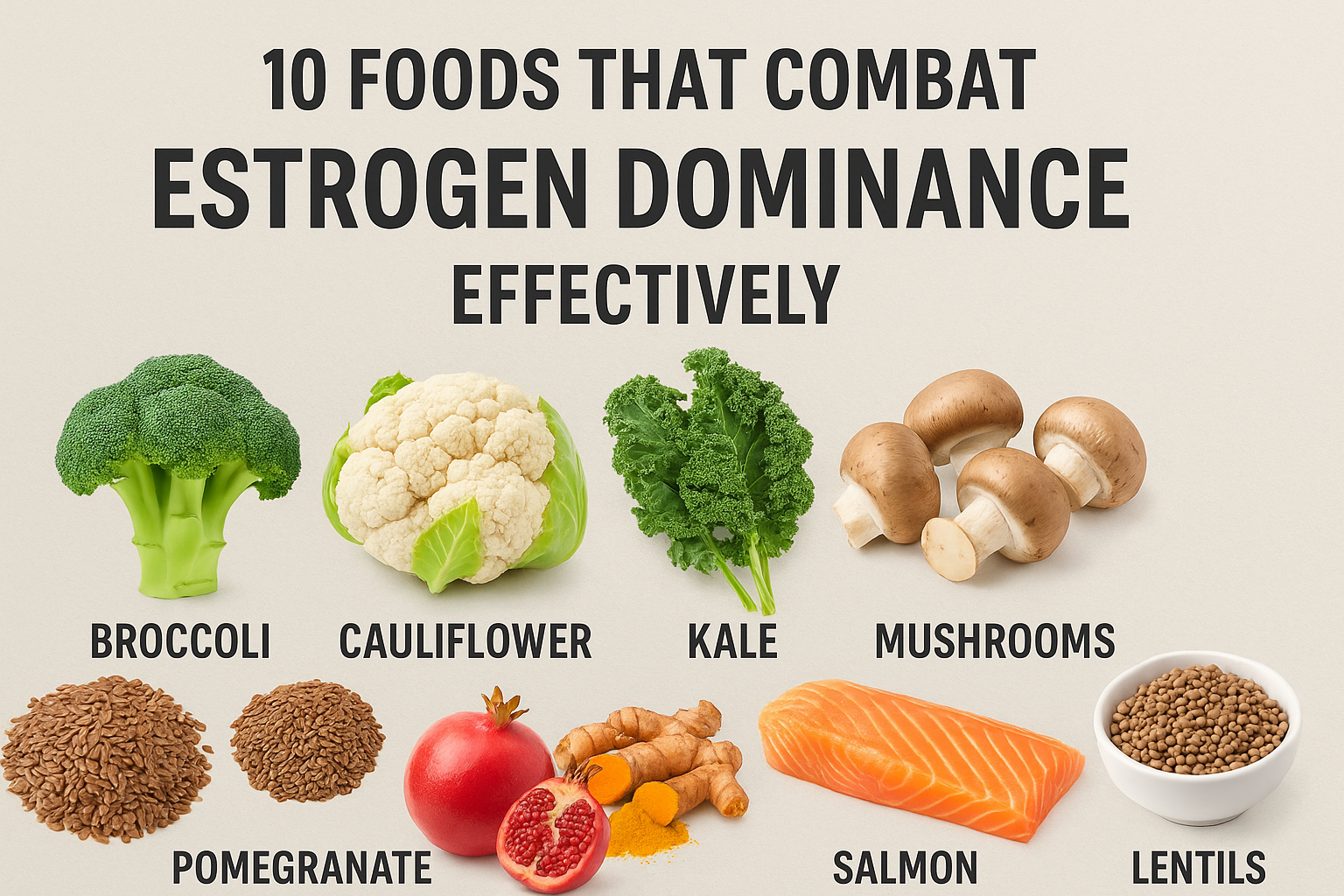 Horizontal flat lay image featuring 10 anti-estrogen foods: broccoli, cauliflower, kale, mushrooms, flaxseeds, pomegranate, turmeric, salmon, and lentils.