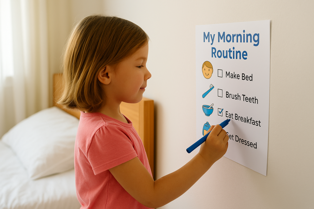 Child using a morning routine checklist to get ready for school independently
