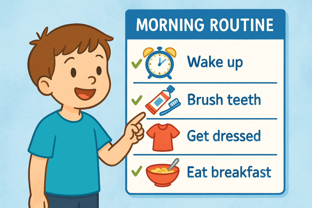 Young child pointing to a colorful morning routine checklist with icons