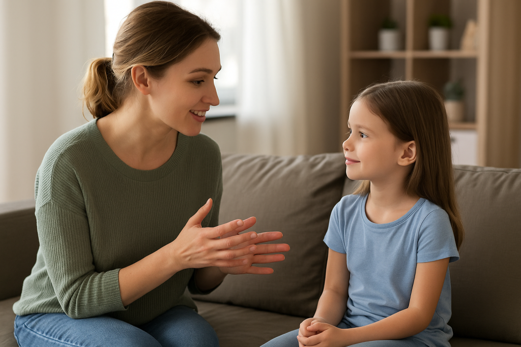 Parent calmly explaining rules to a child using hand gestures and eye contact