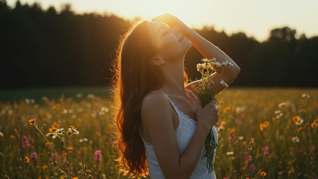 Woman basking in early morning sunlight on balcony