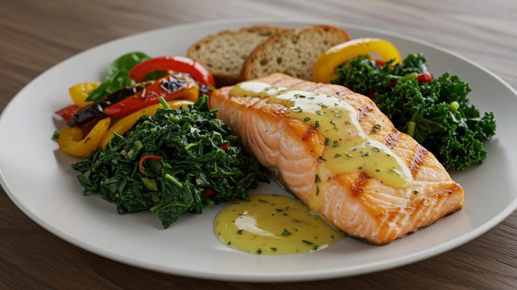 Colorful hormone-friendly meal with greens and fish