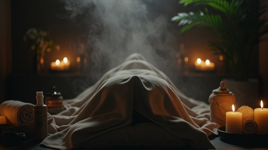 Woman relaxing in an infrared sauna glowing with red light