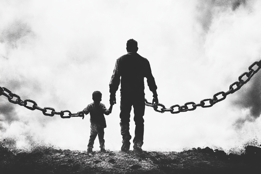 Mother and child holding hands while walking through a sunlit field