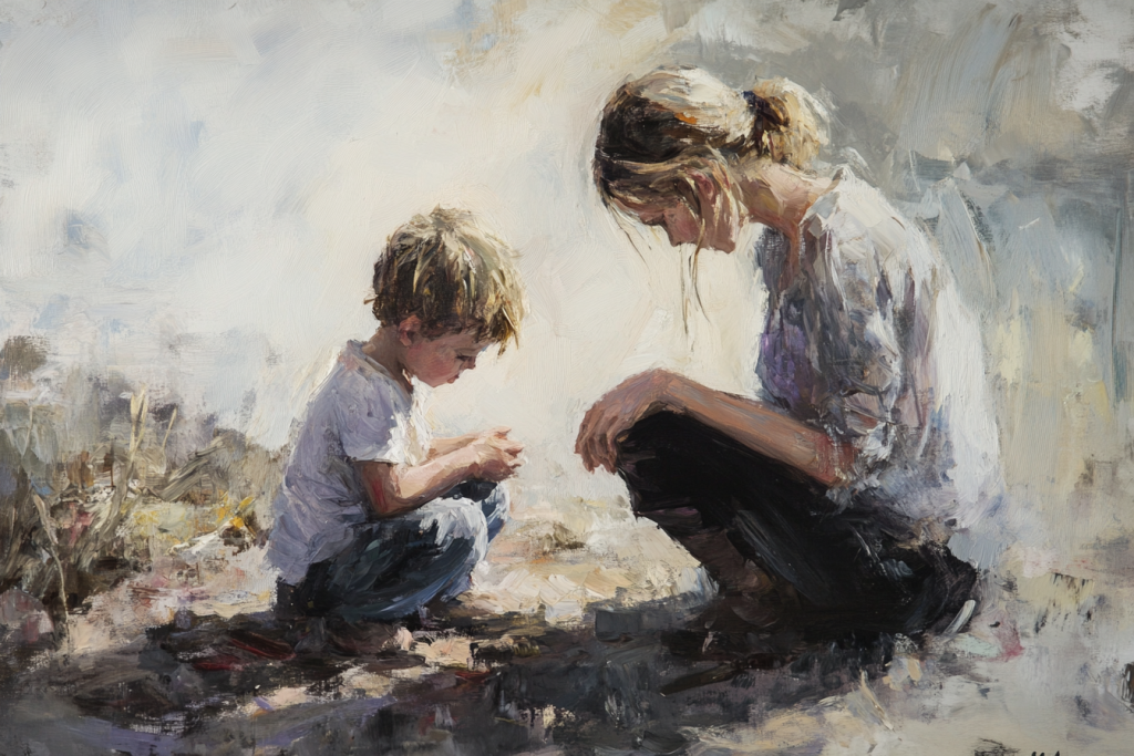 Parent sitting at eye level, calmly listening to a child share a story