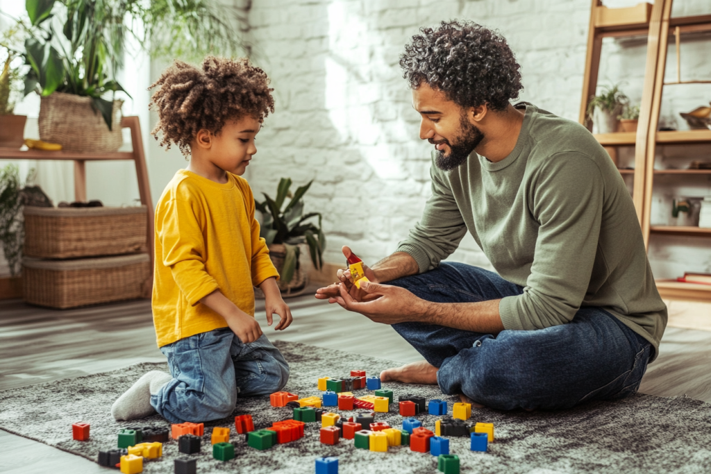 Parent and child laughing while building blocks together on the floor