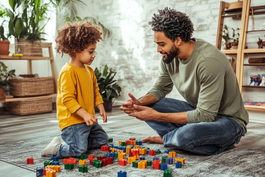Parent crouching at eye level to calmly listen to a crying child