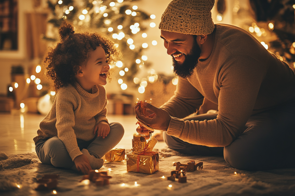 Parent and child giggling on the floor surrounded by toys in a cozy home