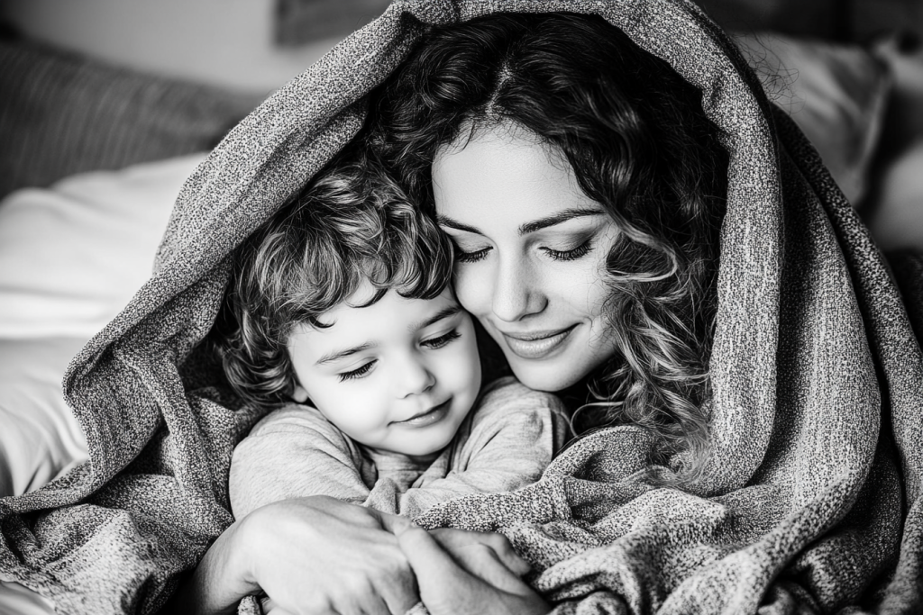 Parent and child snuggled under a blanket sharing a quiet bedtime moment