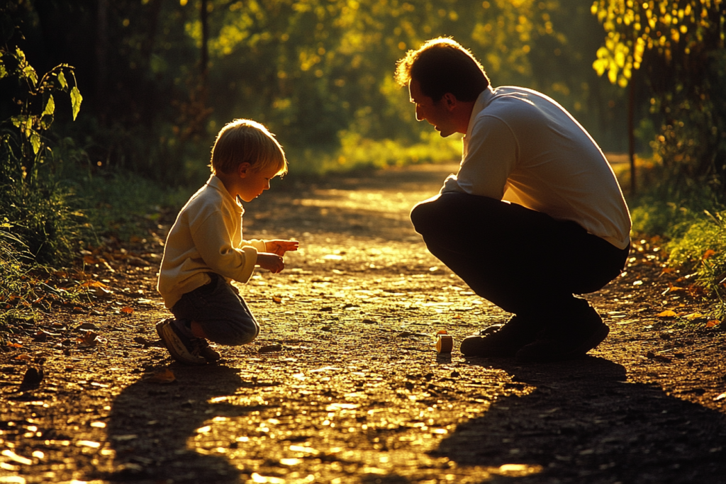 Parent explaining rules to a child using calm body language