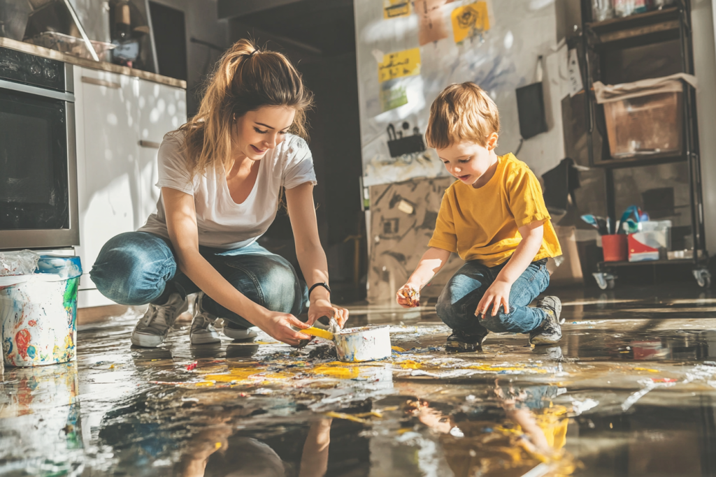 Parent helping child clean up a mess while calmly explaining what happened