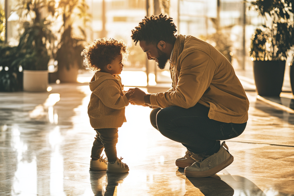 Parent kneeling with open arms to comfort child after an emotional moment