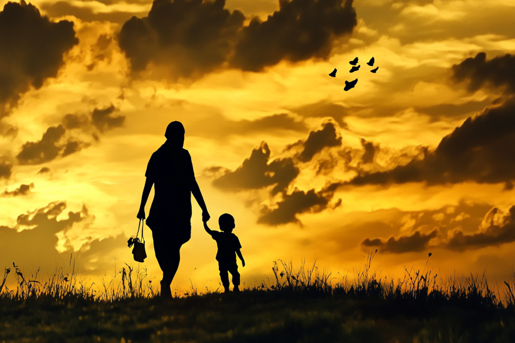 Parent gently embracing child while smiling in a warm sunlit room