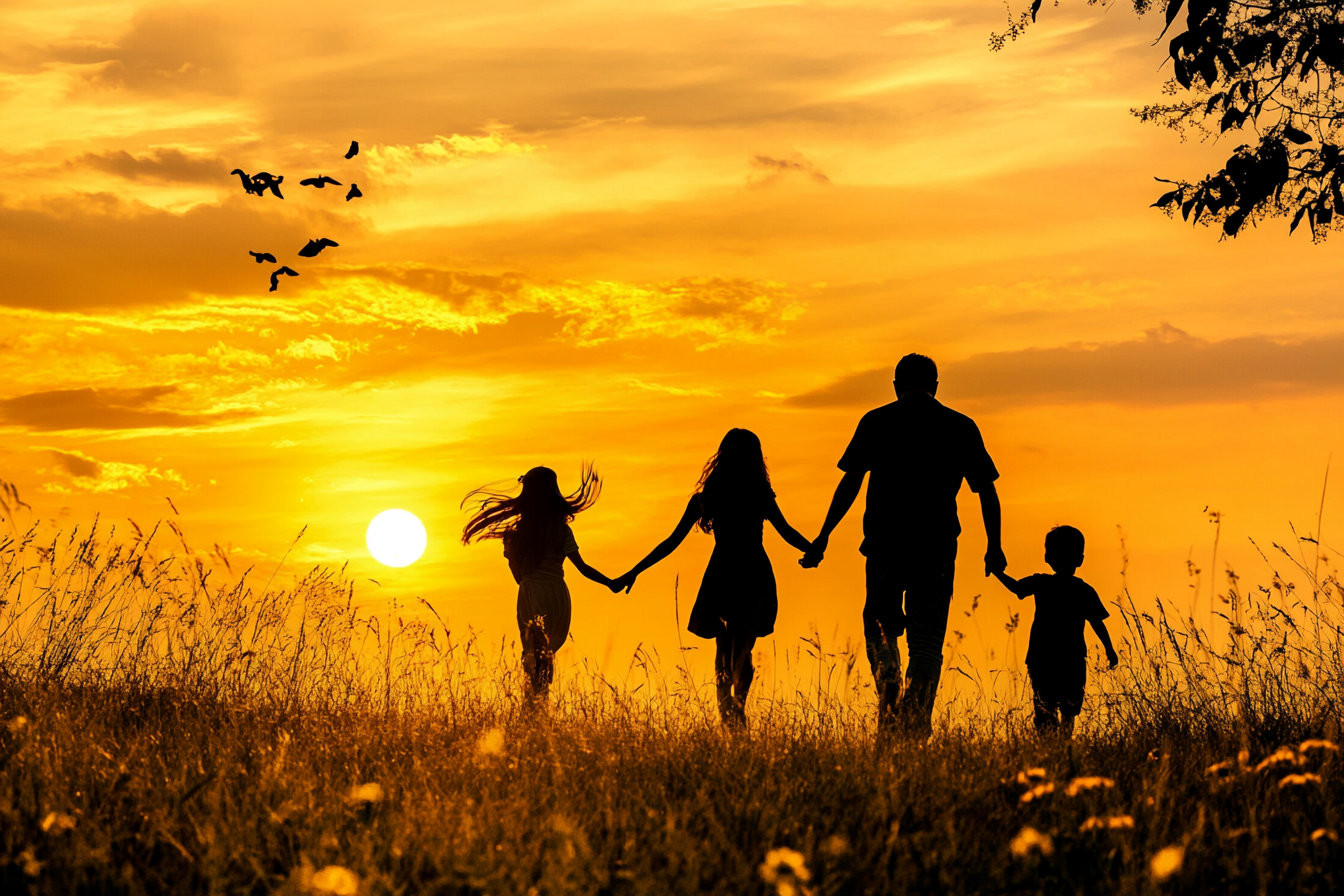 Silhouette of a family of four holding hands while walking through a golden field at sunset