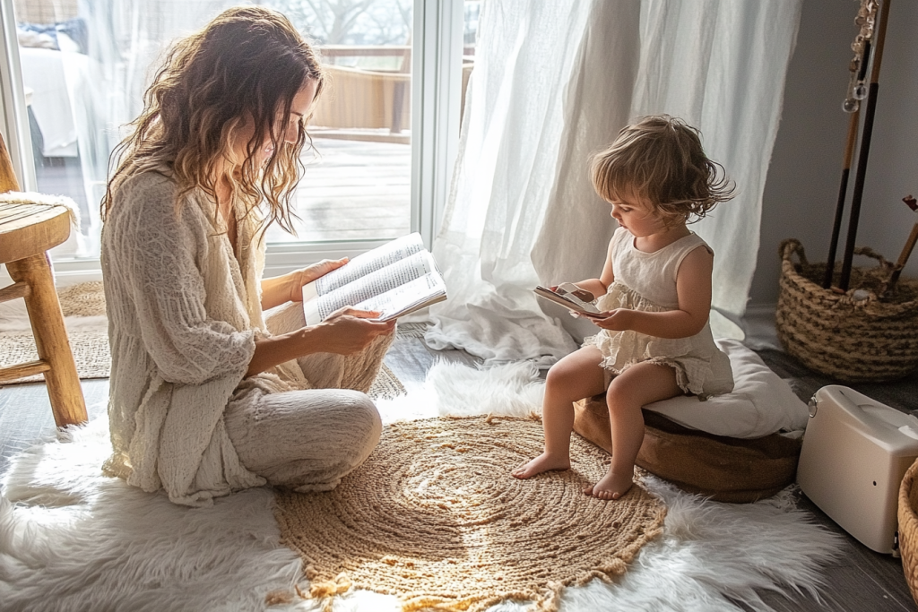 Parent and child sitting on the floor playing with blocks, fully engaged and smiling