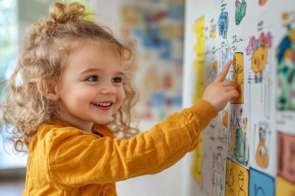 Smiling child pointing to a colorful routine chart on the wall