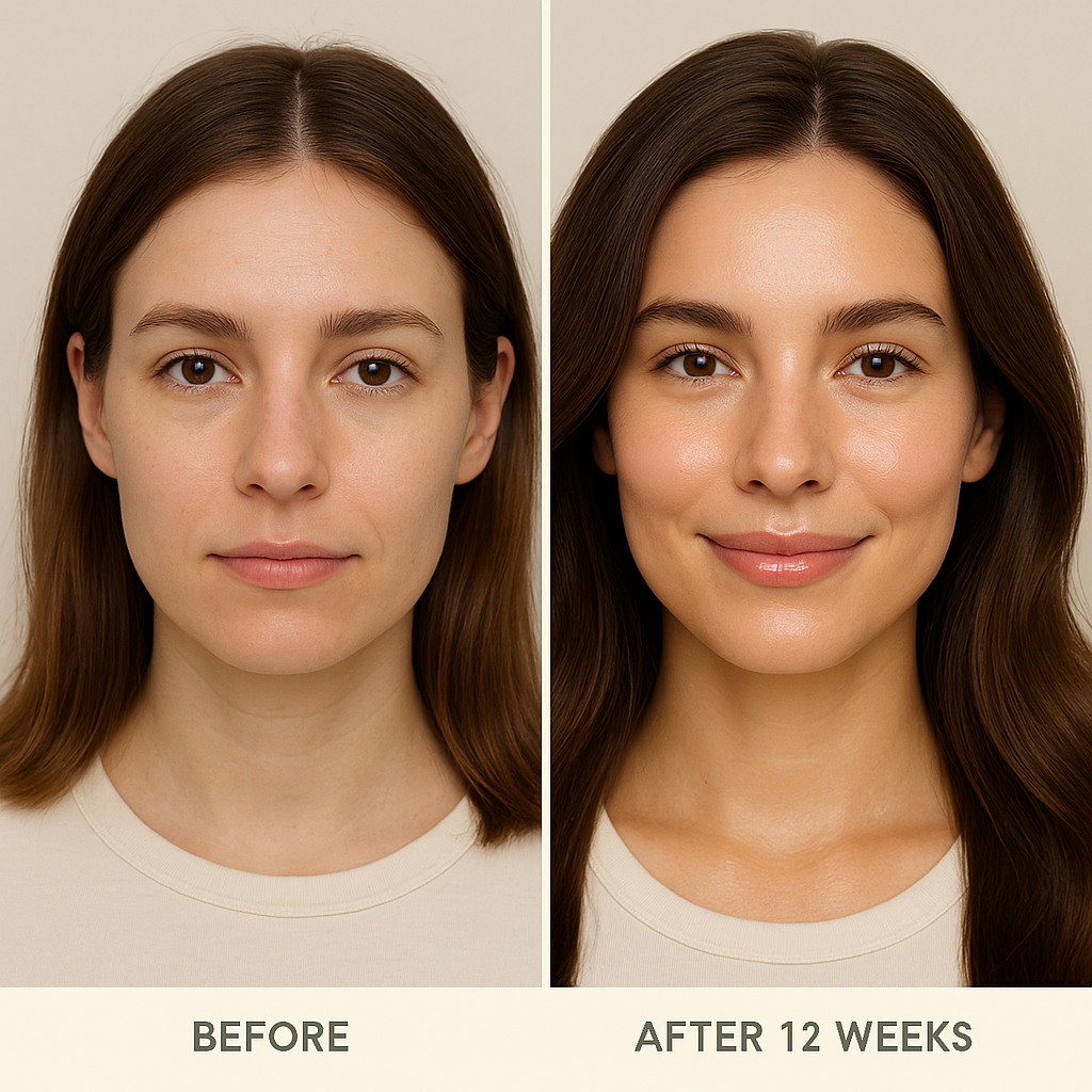 Visible improvements in hair thickness and skin radiance after 12 weeks of amino acid support.