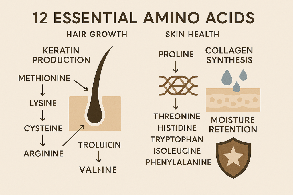 Diagram showing 12 essential amino acids and their benefits for hair growth and skin health.