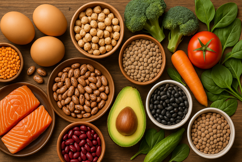 
Colorful array of amino acid rich foods including fish, eggs, legumes, and vegetables.