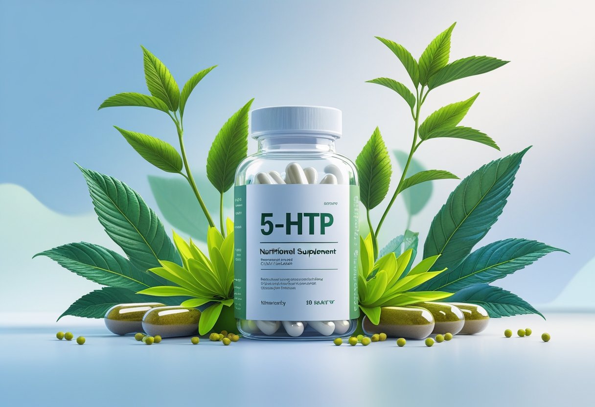 A glass bottle filled with white capsules surrounded by green Griffonia simplicifolia leaves and seed pods on a soft blue and white background.