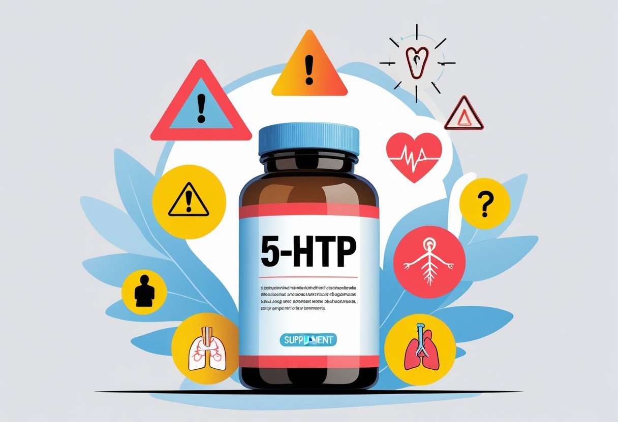 An illustration showing a supplement bottle surrounded by icons representing health risks, including a warning triangle, a heart with a caution sign, a nervous system outline, and a stomach.