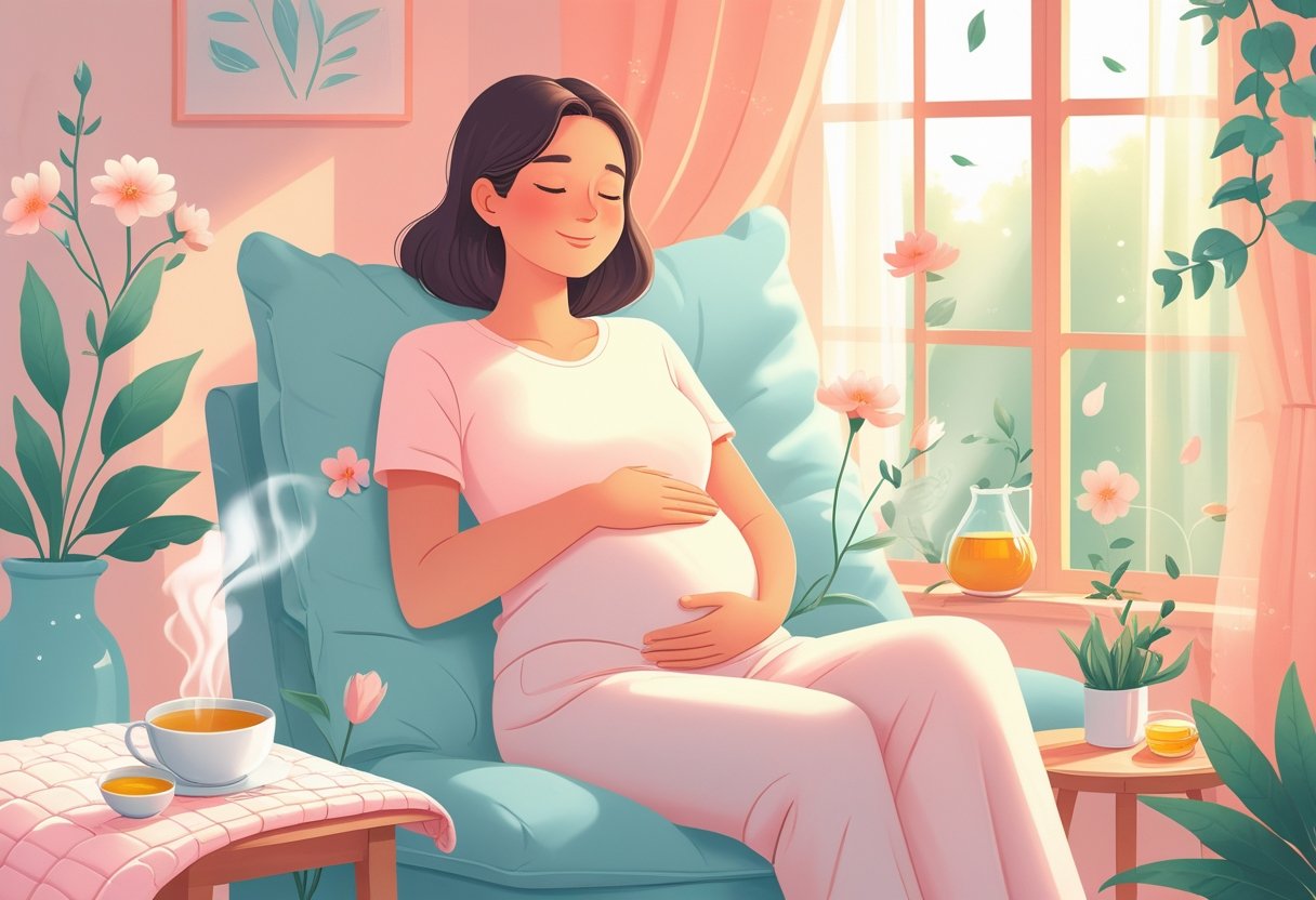 A woman sitting peacefully in a cozy room surrounded by plants and flowers, holding her lower abdomen with a relaxed expression, symbolizing relief from PMS symptoms.