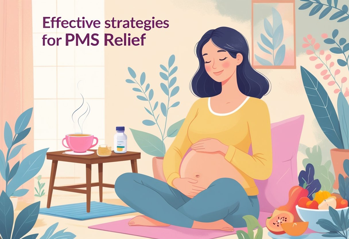 A calm woman sitting comfortably in a cozy room surrounded by symbols of PMS relief like herbal tea, yoga mat, vitamins, and fresh fruits.