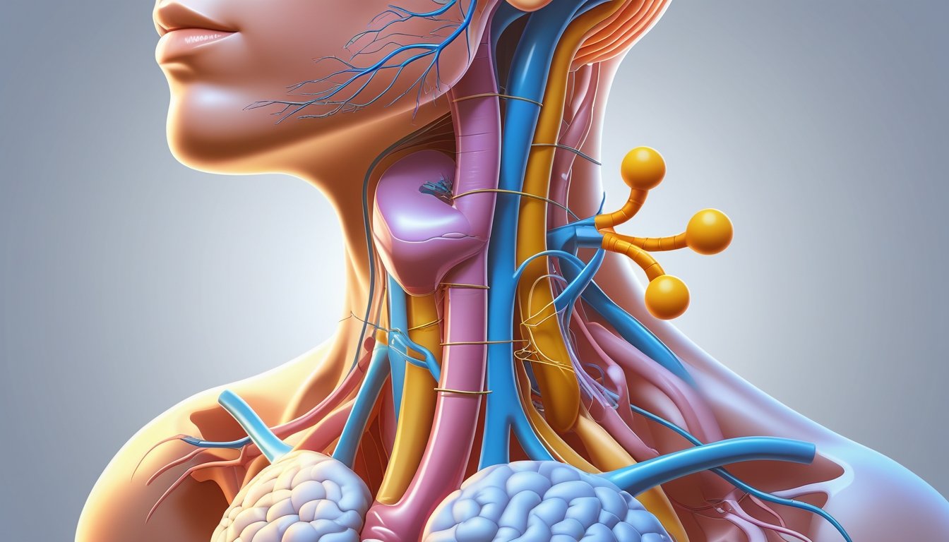 An illustration of the human thyroid gland in the neck, showing its shape and connection to nearby structures.