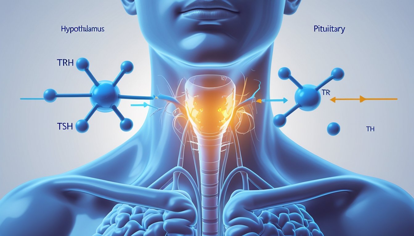 An anatomical illustration showing the thyroid gland in the neck with connections to the brain's hypothalamus and pituitary gland, depicting the hormonal regulation of thyroid function.