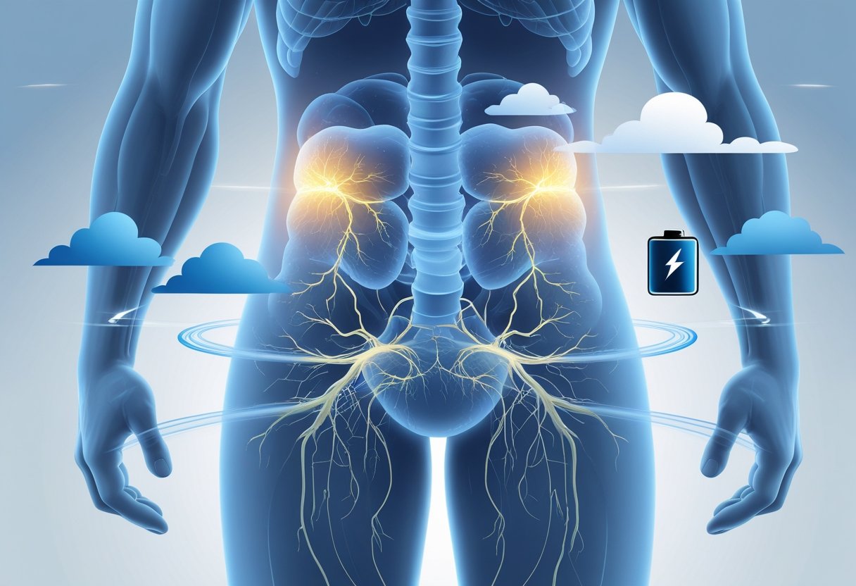 Illustration of a human torso showing the adrenal glands above the kidneys with visual elements representing stress and exhaustion around them.