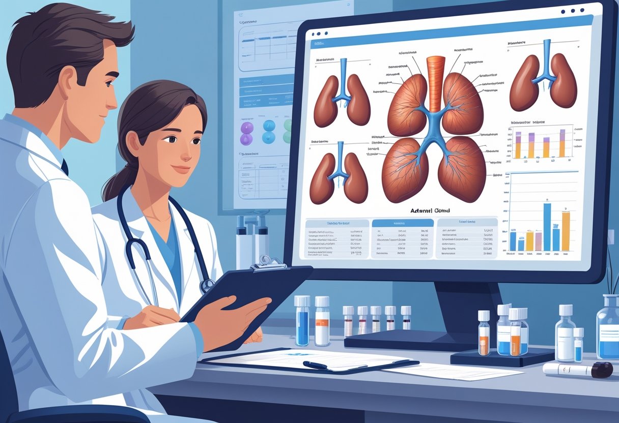 A doctor examining a patient with an anatomical diagram of adrenal glands and medical testing equipment in a clinical setting.