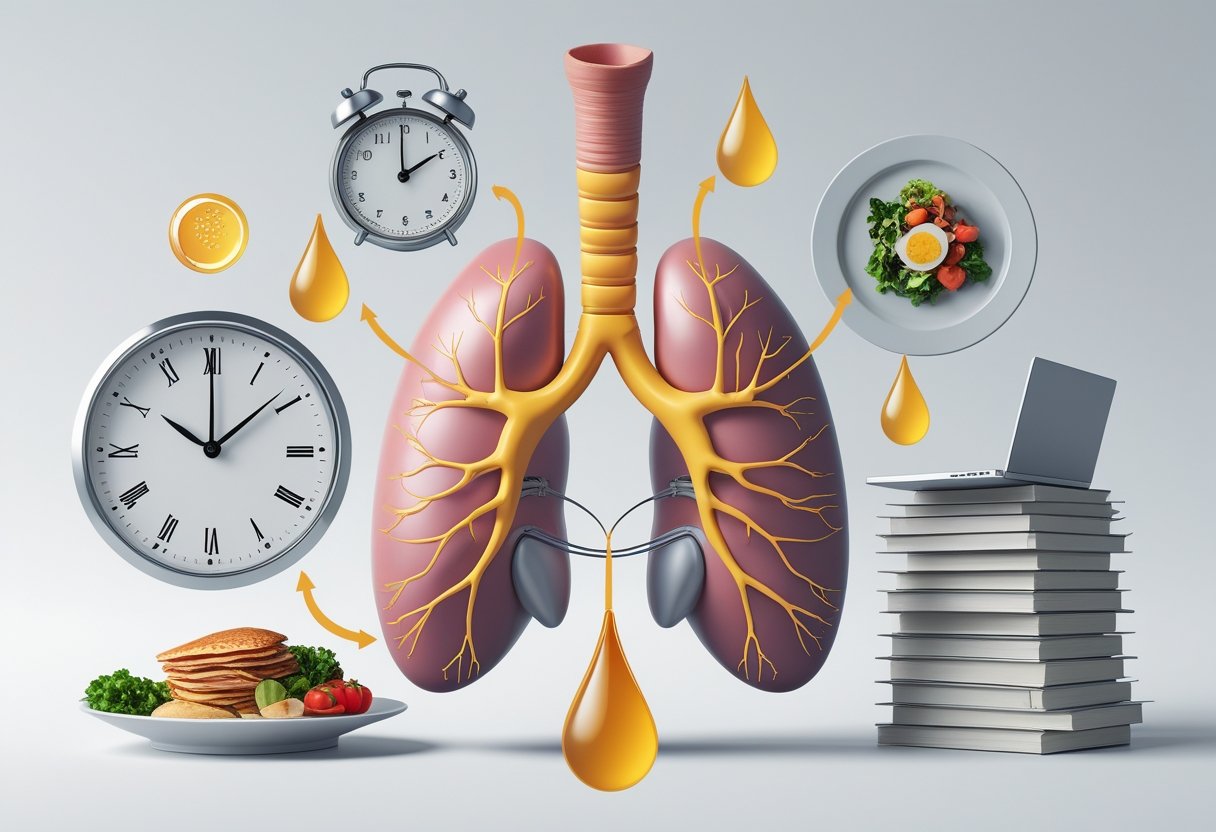 An illustration showing adrenal glands above kidneys surrounded by symbols representing stress, poor nutrition, fatigue, work pressure, and hormonal imbalance.